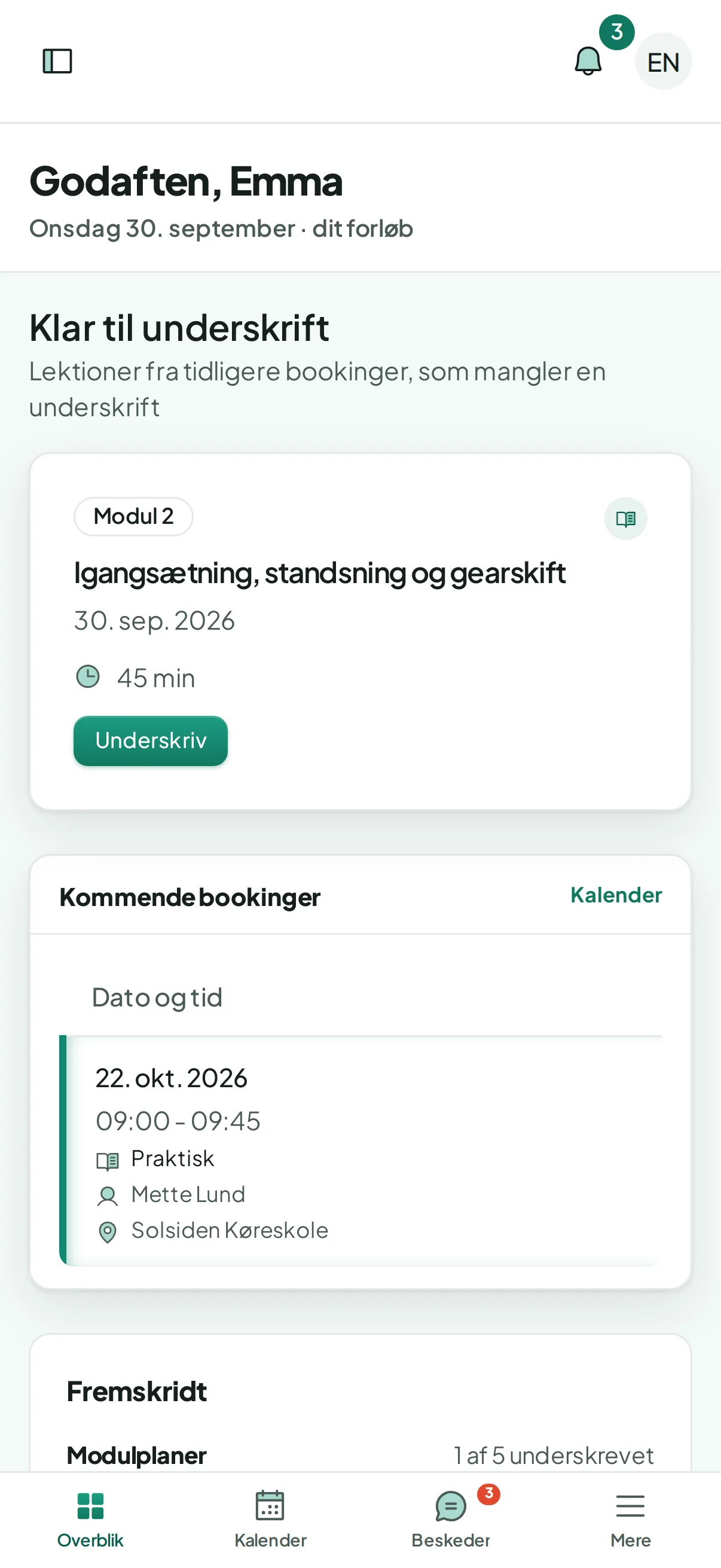 Elevens forside i Roadbuddys app med en lektion klar til underskrift