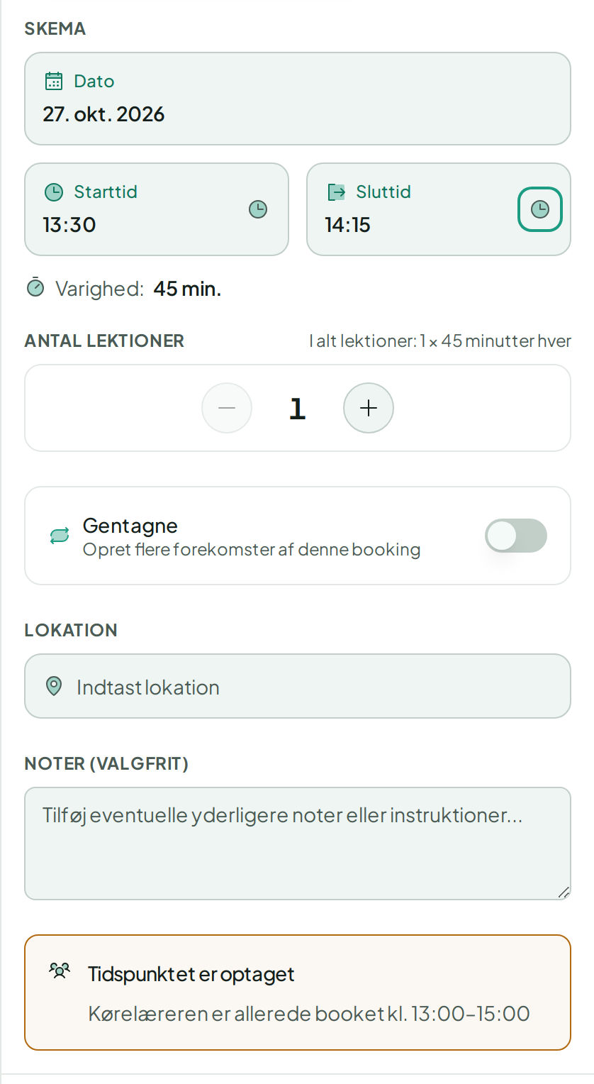 Opret booking på computeren for den 27. oktober 2026 kl. 13:30–14:15 med advarslen Tidspunktet er optaget: Kørelæreren er allerede booket kl. 13:00–15:00