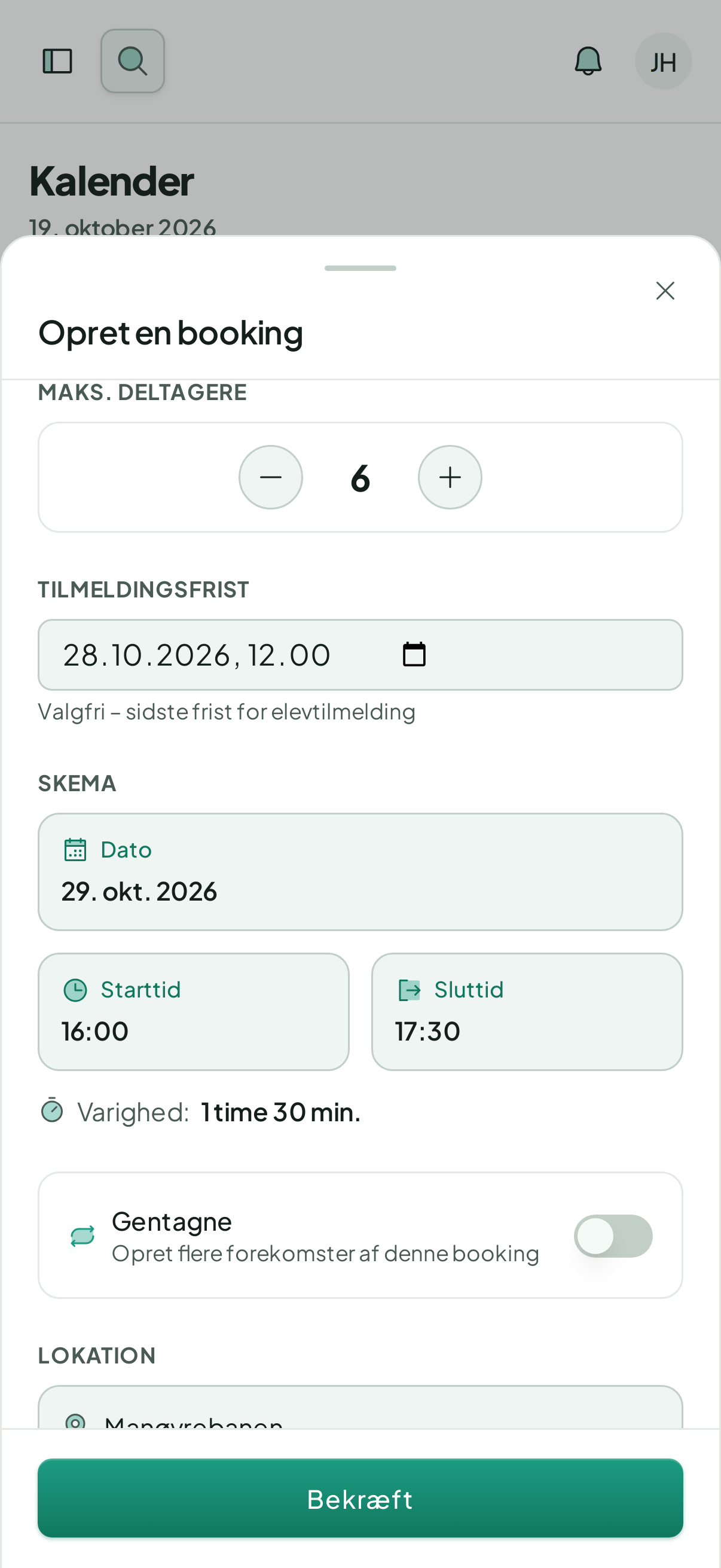 En åben booking på telefonen: manøvrebane med højst 6 deltagere og tilmeldingsfrist den 28.10.2026 kl. 12.00