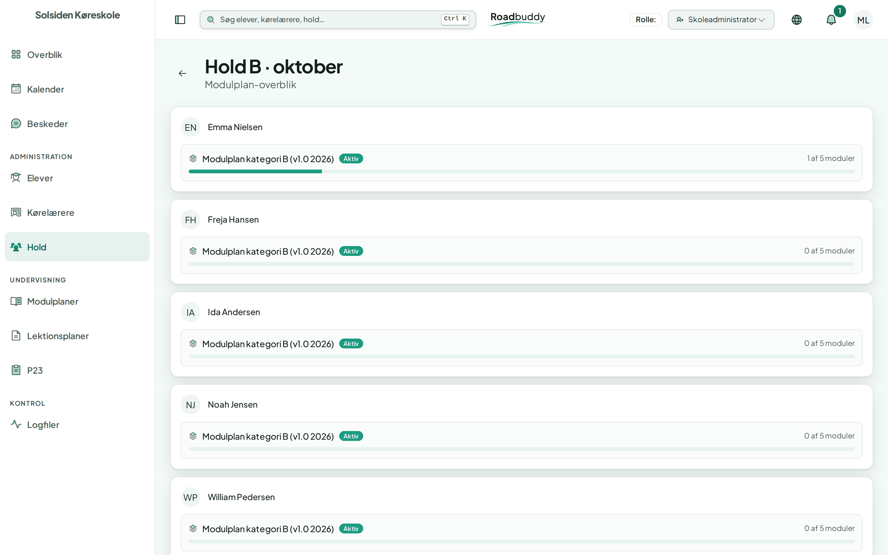 Modulplan-overblik for Hold B · oktober med hver elevs modulplan og hvor mange af de 5 moduler, eleven har gennemført