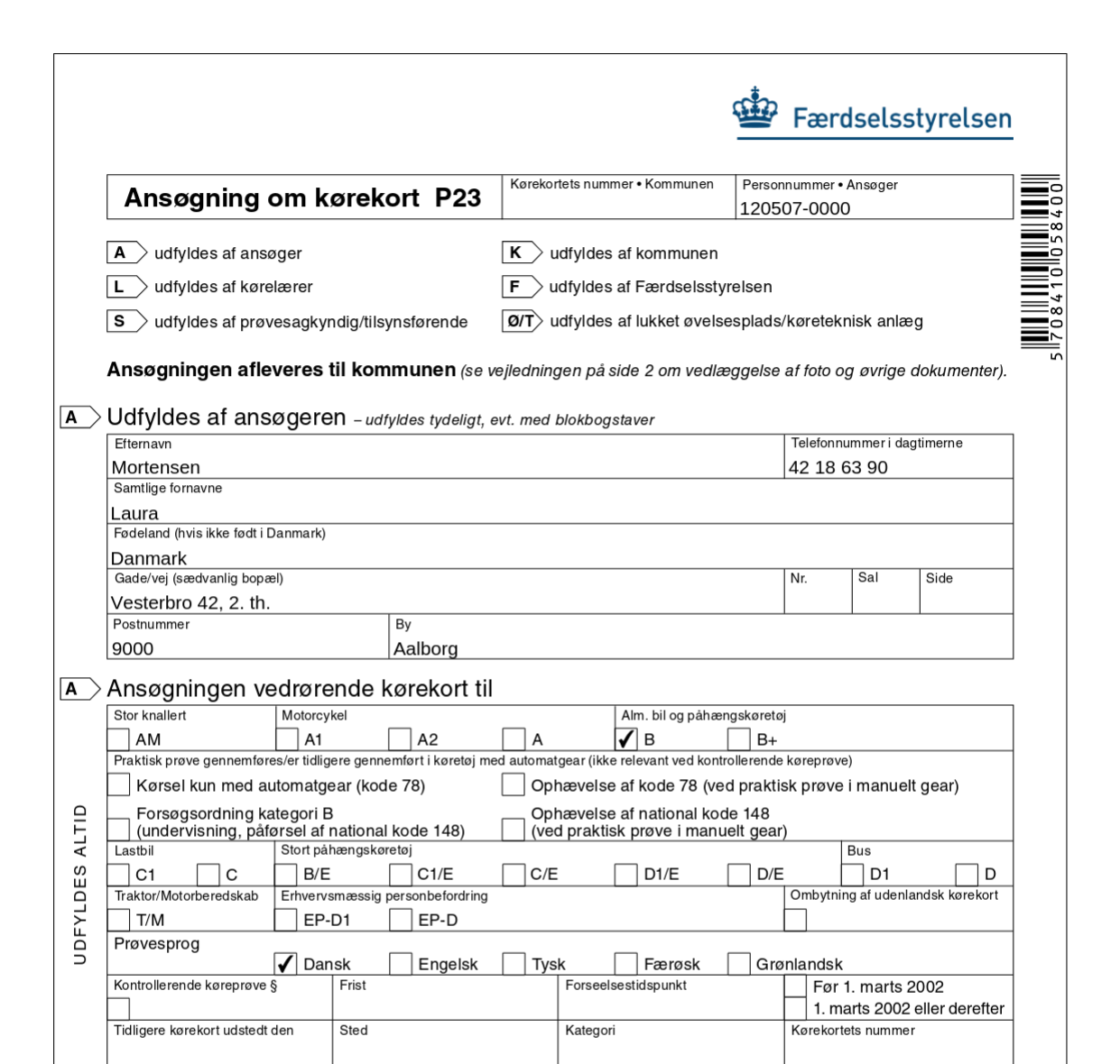 Side 1 af Færdselsstyrelsens P23 udfyldt af Roadbuddy: ansøgerens navn, adresse, telefon og personnummer, kryds ved kategori B og prøvesprog dansk