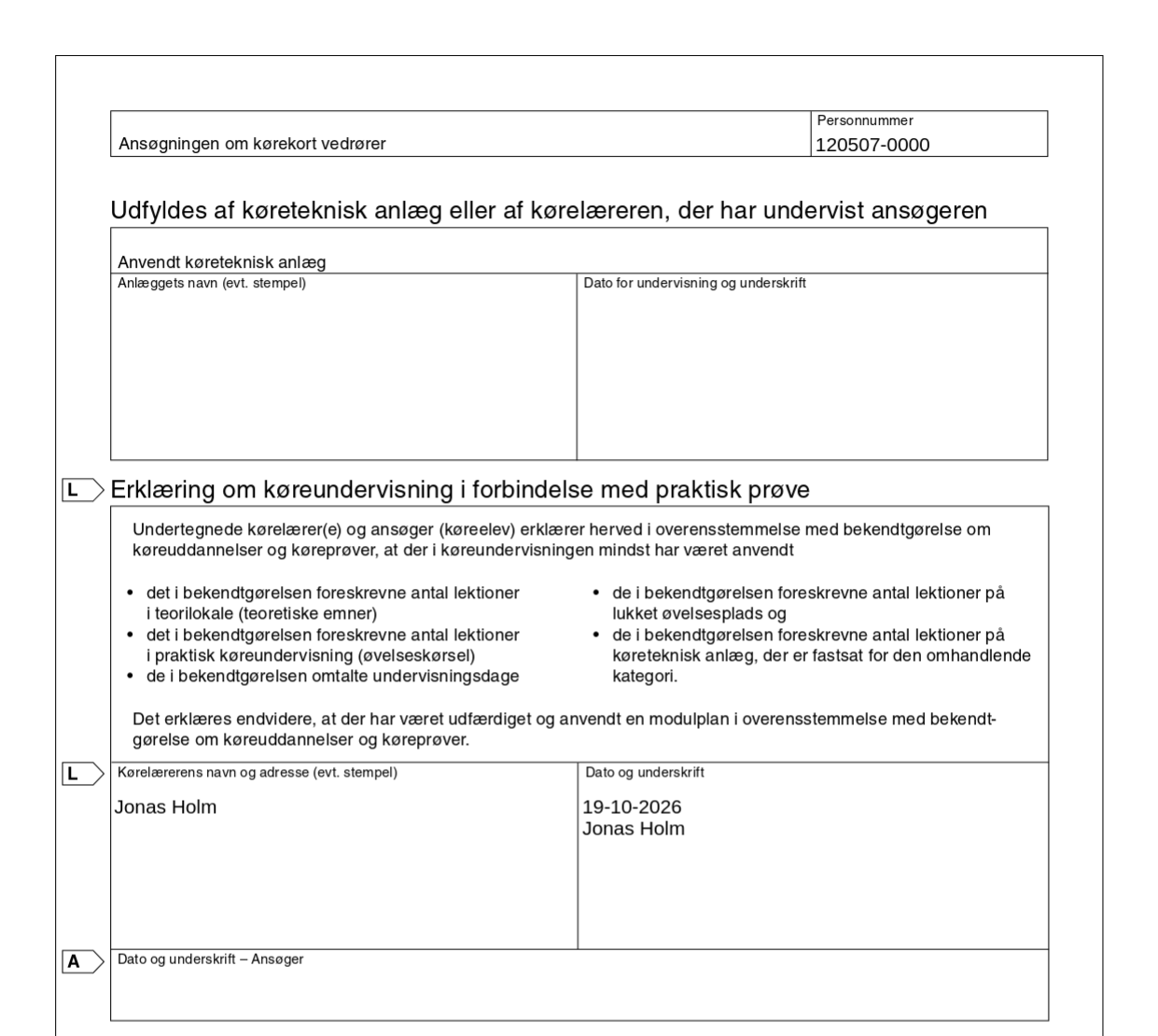 Side 6 af den udfyldte P23: Erklæring om køreundervisning i forbindelse med praktisk prøve, med kørelærerens navn Jonas Holm og datoen 19-10-2026