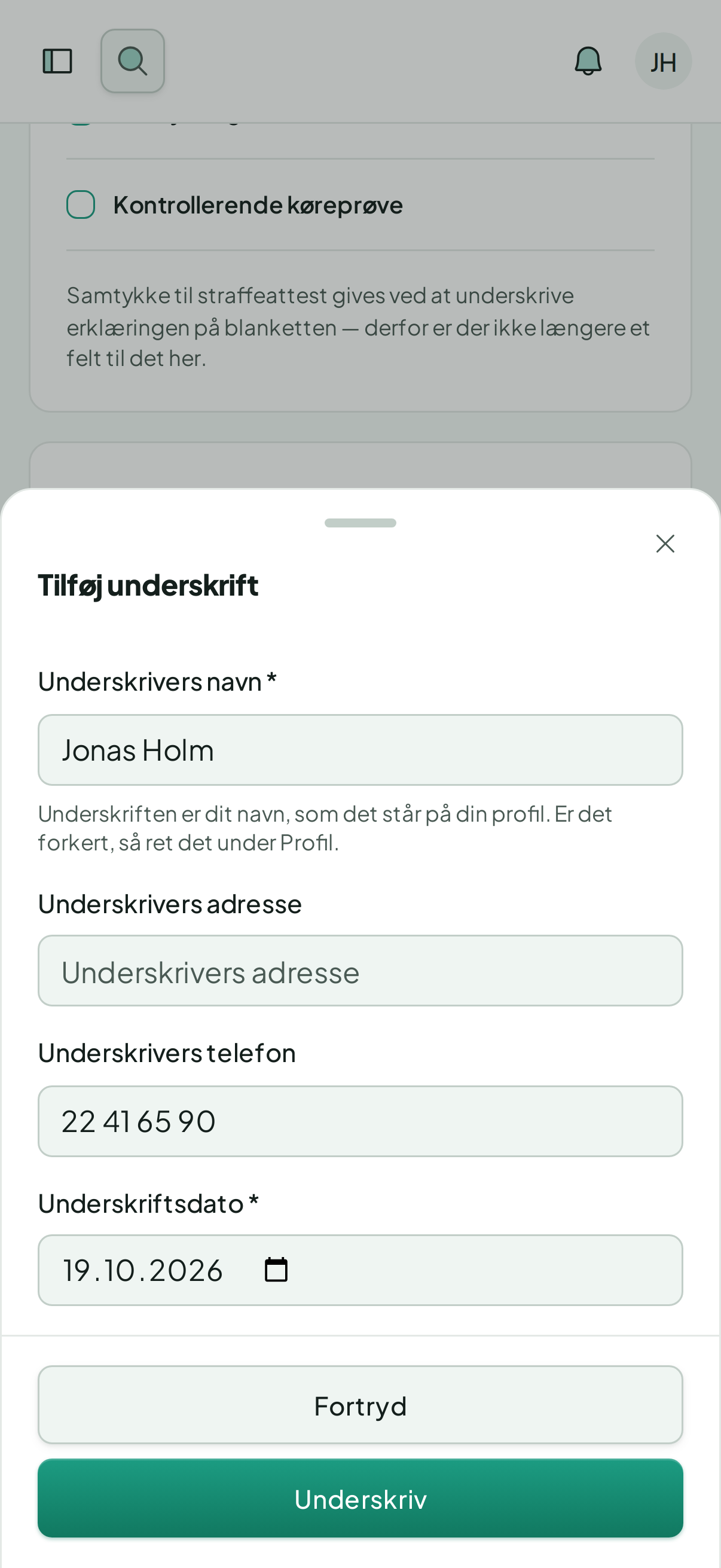 Tilføj underskrift på telefonen med kørelærerens navn, telefon og dato